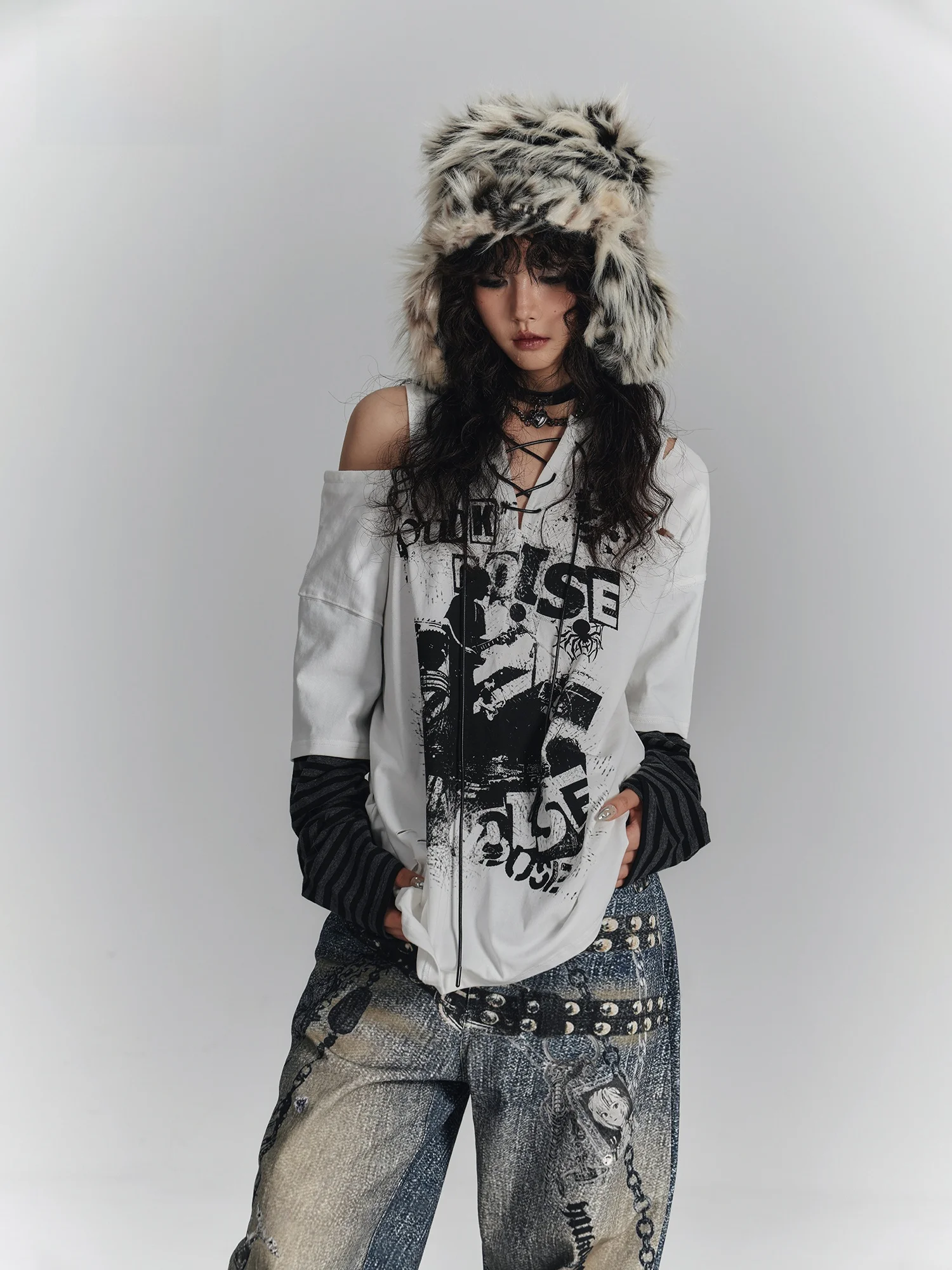 

YUKAHOUSE Original Design American Retro Punk Light Cotton Striped Long Sve V-Ne Dstring T-irt Women's Casual Comfo...