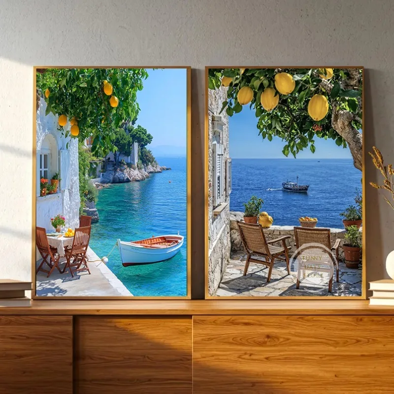 Italian Lemon Tree  Mediterranean Greece  Boat Amalfi Seascape Poster Canvas Painting Wall Art Pictures Home Decor Cuadros