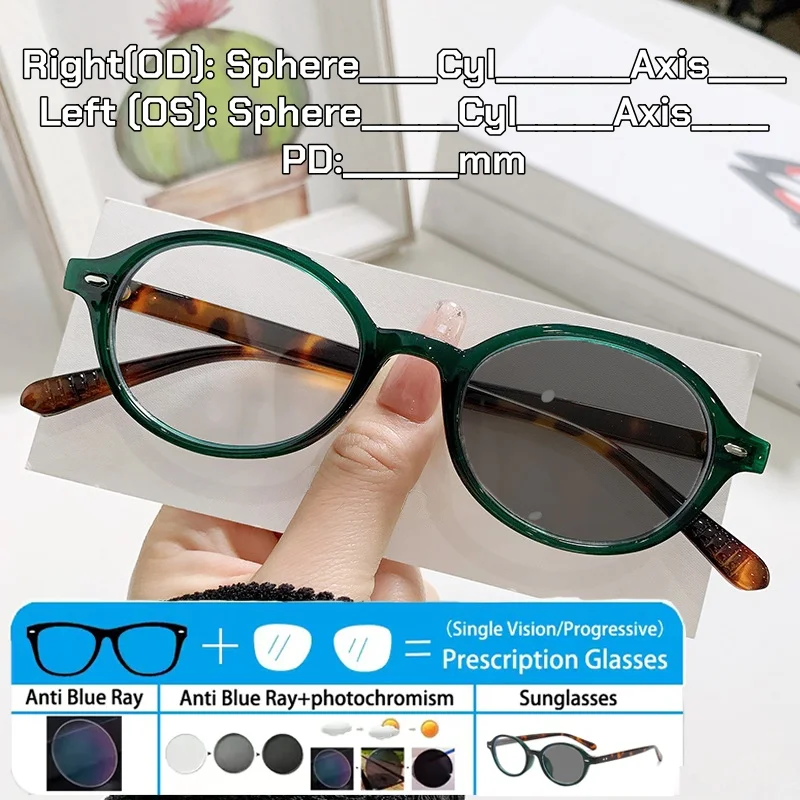 

Fashion Vintage Photochromic Myopia Prescription Glasses Oval Small Frame Eyeglasses Outdoor Color Changing Customize Sunglasses