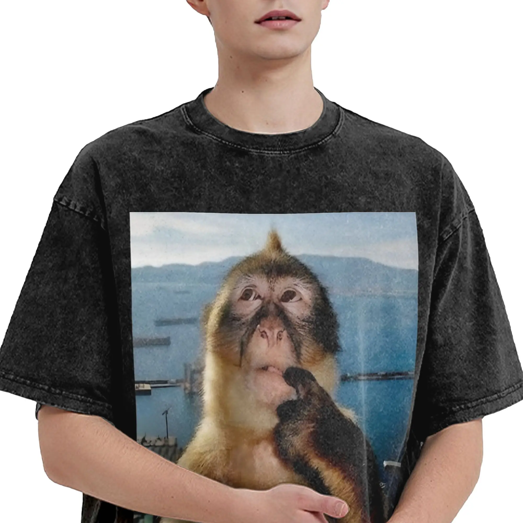 Monkey Thinking Meme Washed T Shirts Streetwear Hip Hop Casual T-Shirt  Tees Tops for Men Women Short Sleeve Oversize Graphic