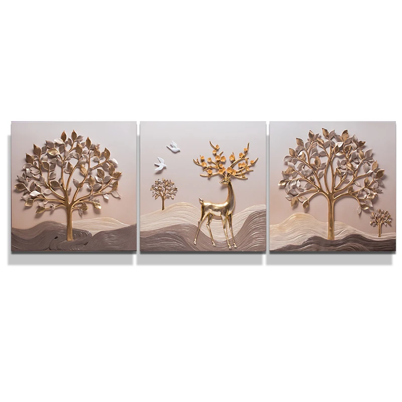 Hot sales 3d deer painting golden tree handmade wooden art wall decor