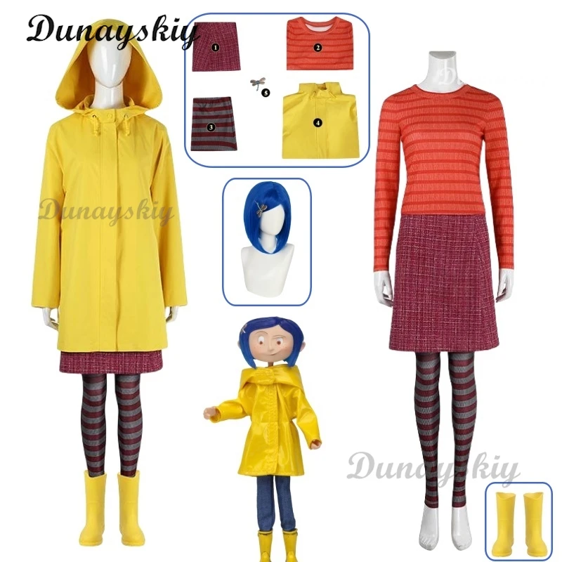 Movies Coraline Cosplay Costume Wig Prop Horror Fairytale Yellow Coat Secret Door Adult Halloween Party Customized