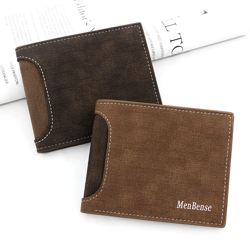 

Korean Men's Short Wallet PU leather Frosted Splice Leather Large Capacity Change Bag Coin Bag Card Bag ID Bag Men's Wallet