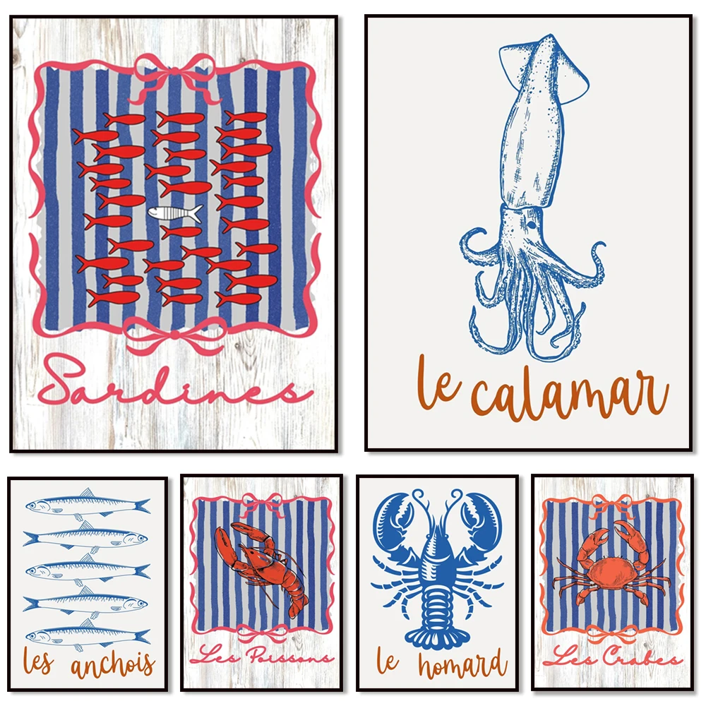 Vintage sardines, blue crab, anchovies, squid, lobster, Les Crabes nautical crabs poster print, restaurant kitchen decor