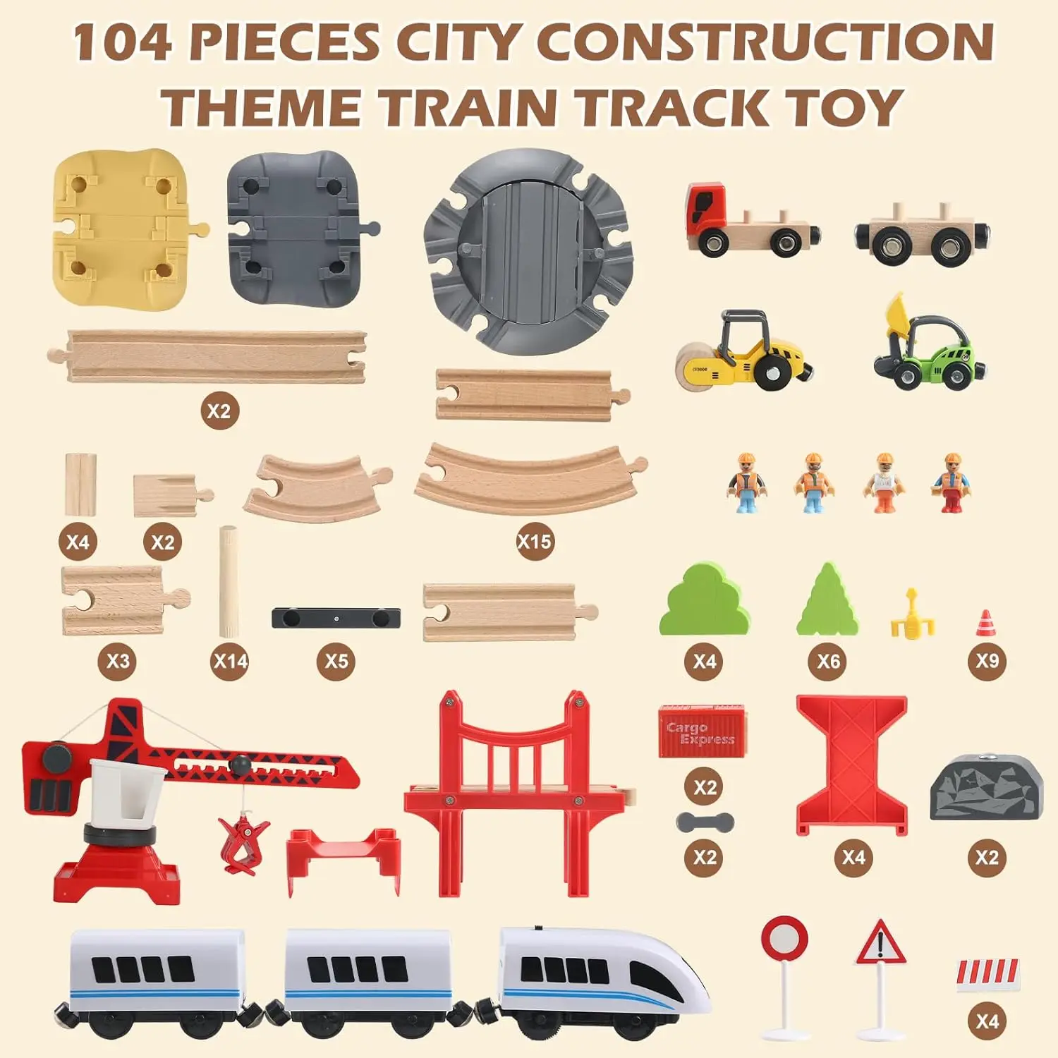 유아용 104피스 나무 기차 세트, 3-6세 어린이용 트랙이 있는 자석 기차, 주요 브랜드와 호환 가능, 조립