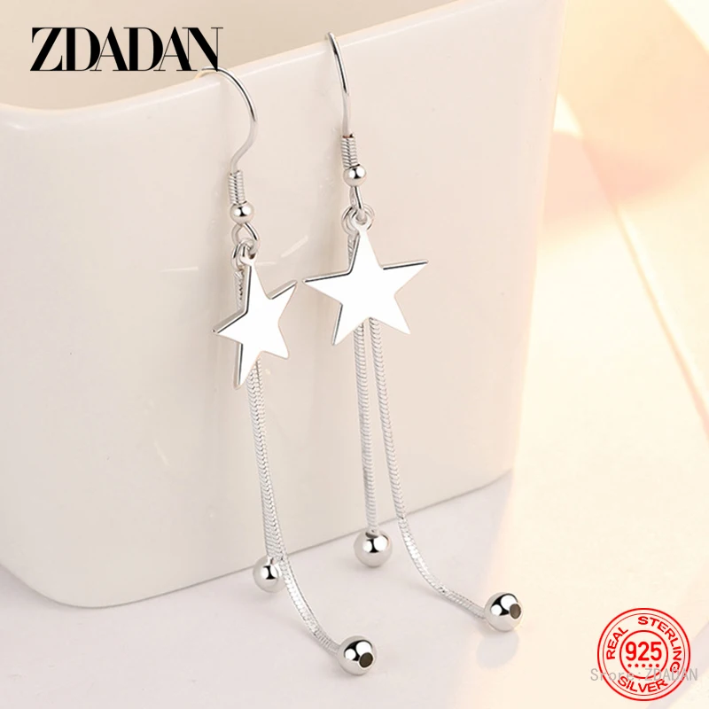 

ZDADAN 925 Sterling Silver Star Long Drop Earrings For Women Fashion Wedding Jewelry