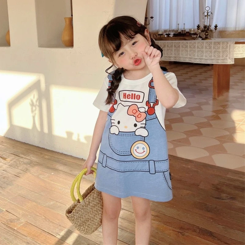 2024 Summer neonate Mini Dress Kids Cute Kitty t-shirt abiti Disney Cartoon Lotso Toddler manica corta abbigliamento Casual