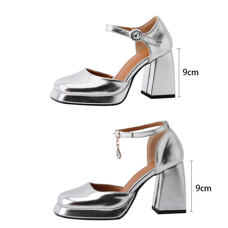 Brand Gold Silver 2023 Ankle Strap Platform Pumps Women Pu Leather Square Toe Mary Jane Shoes Woman Goth High Heels Shoes Ladies