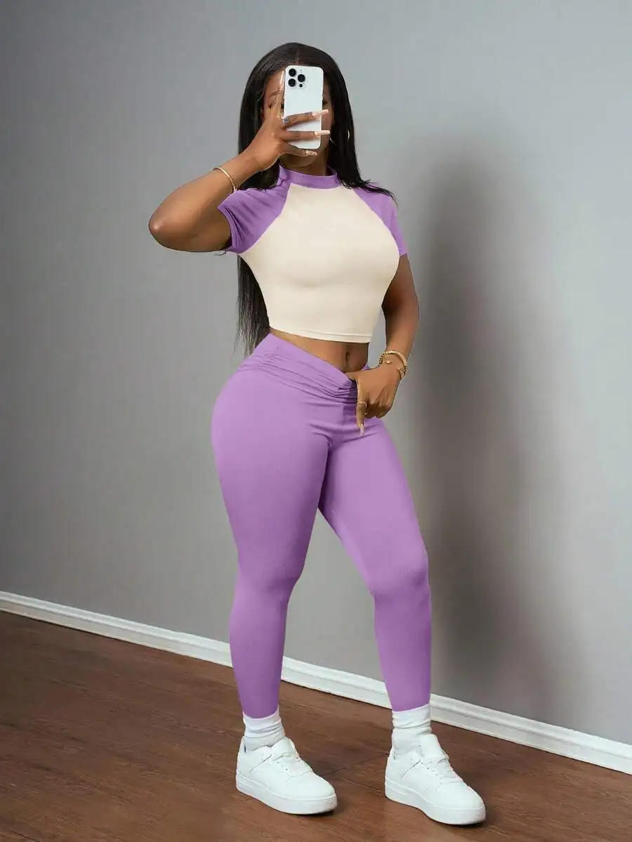 

Lavender Beige Contrast Crop Top And High-Waist Leggings Set For Festival Streetwear Lounge Casual Daily Wear