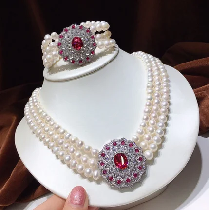

Natural Pearl 3 Strands 7-8mm White Pearl Red Crystal CZ Connector Bracelet and Necklace Set