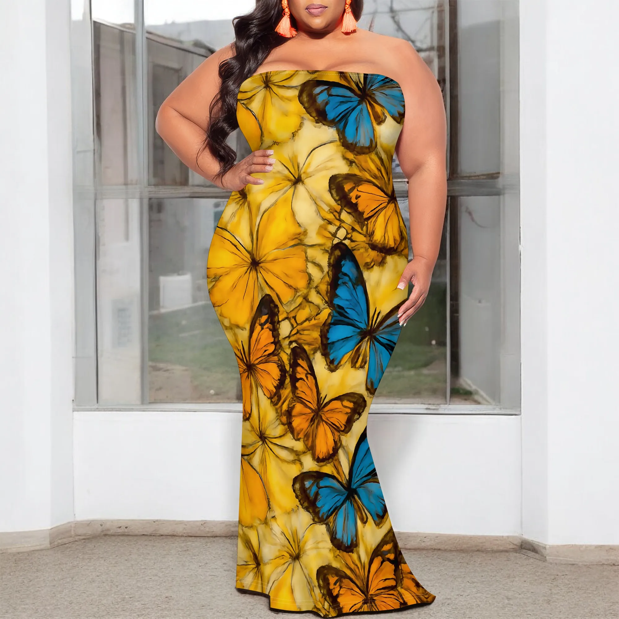 

Yellow Butterfly Print Strapless Plus Size Dress XL-6XL Bodycon Mermaid Style for Summer Party, Music Festival or Garden Brunch