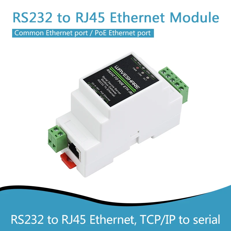 

Industrial serial server, RS232 to RJ45 Ethernet, TCP/IP to serial, rail-mount support, with POE function (optional)