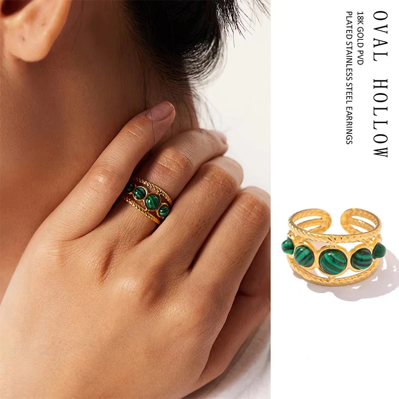 PRISCA | Turquoise Gold Ring Women Stainless Steel Grenn Natural Stone Chic Jewelry 18k PVD Trendy WHolesale