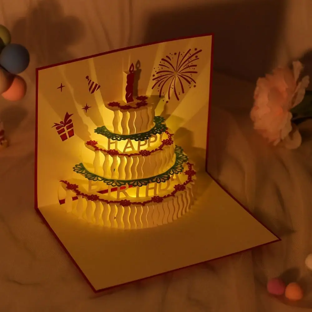 Pop Up 3D Music Light Birthday Cards Creative Smart Sensor Happy Birthday Greeting Card Hollow Foldable