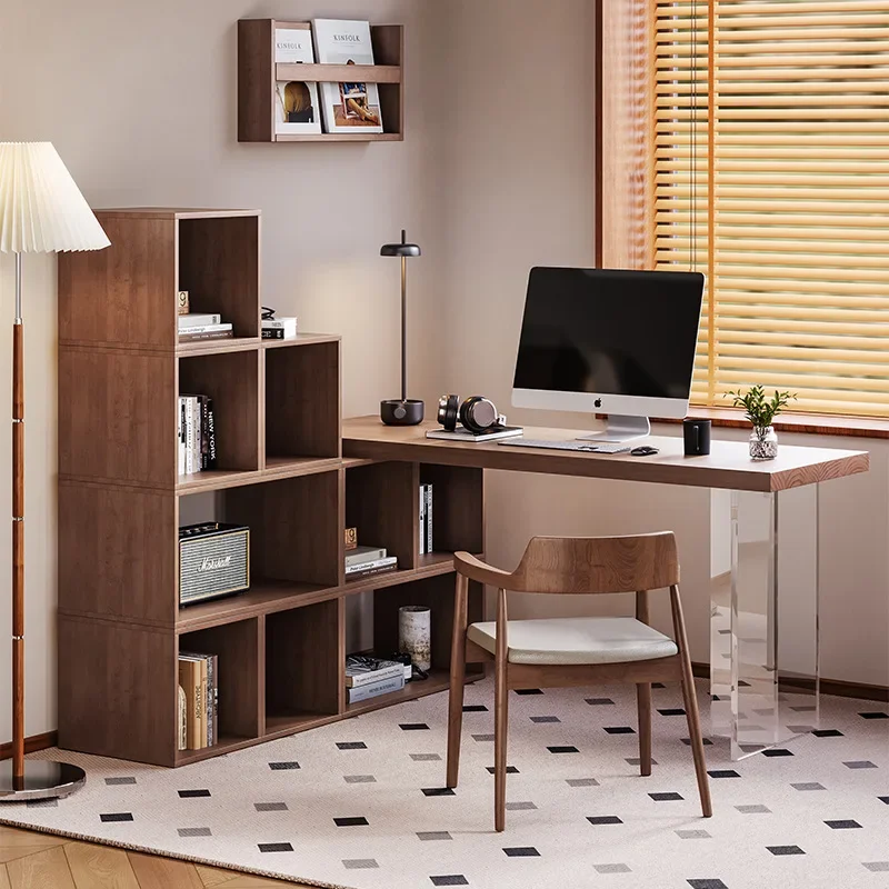 Solid wood log computer desk bookshelf bookcase integrated modern simple home bedroom adult student study desk