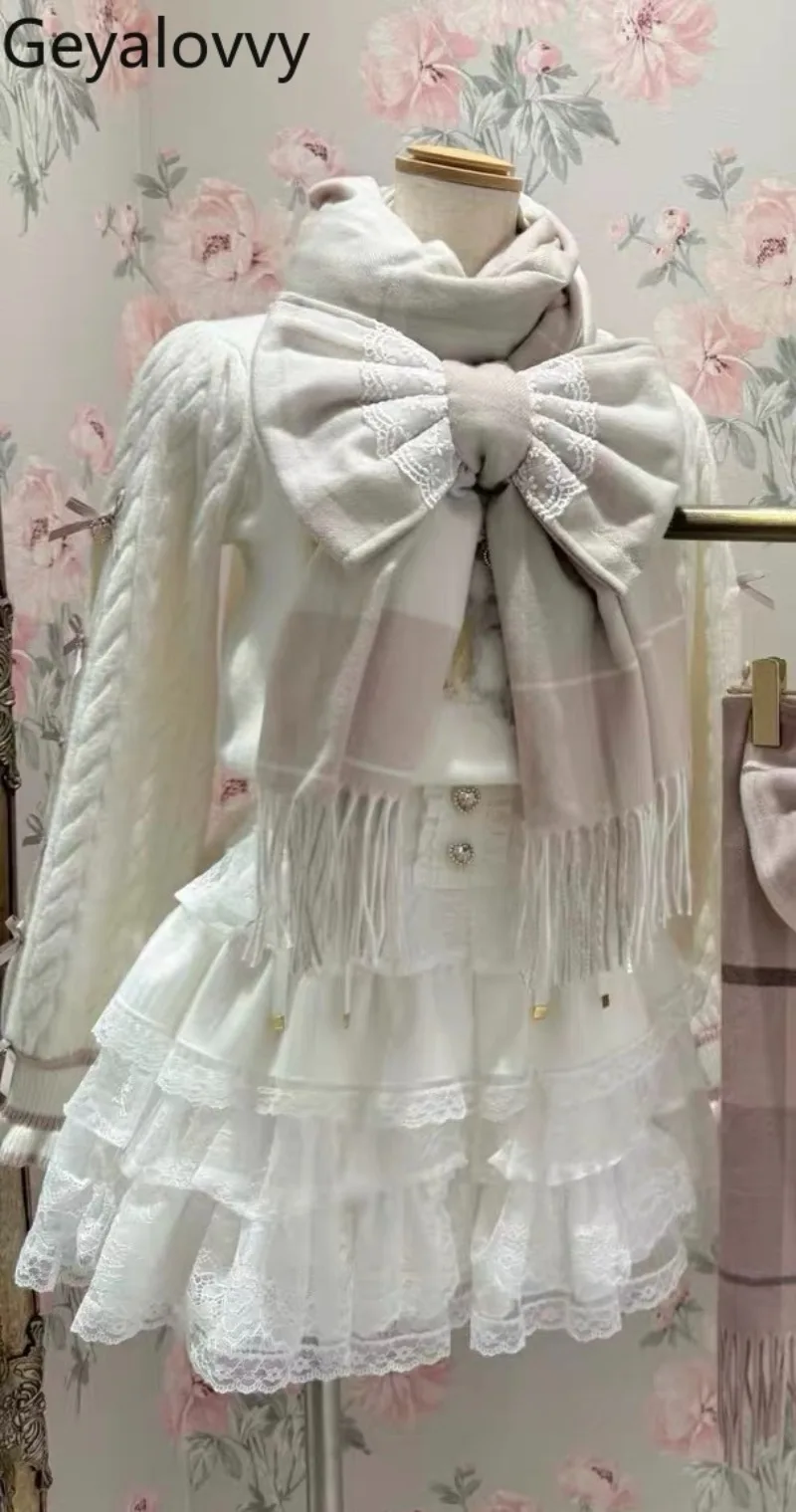 

Winter New Sweet Cute Girls Versatile Scarf Warm Plaid Japanese Style Outdoor Neck Warmers Bowknot Light Pink Scarves