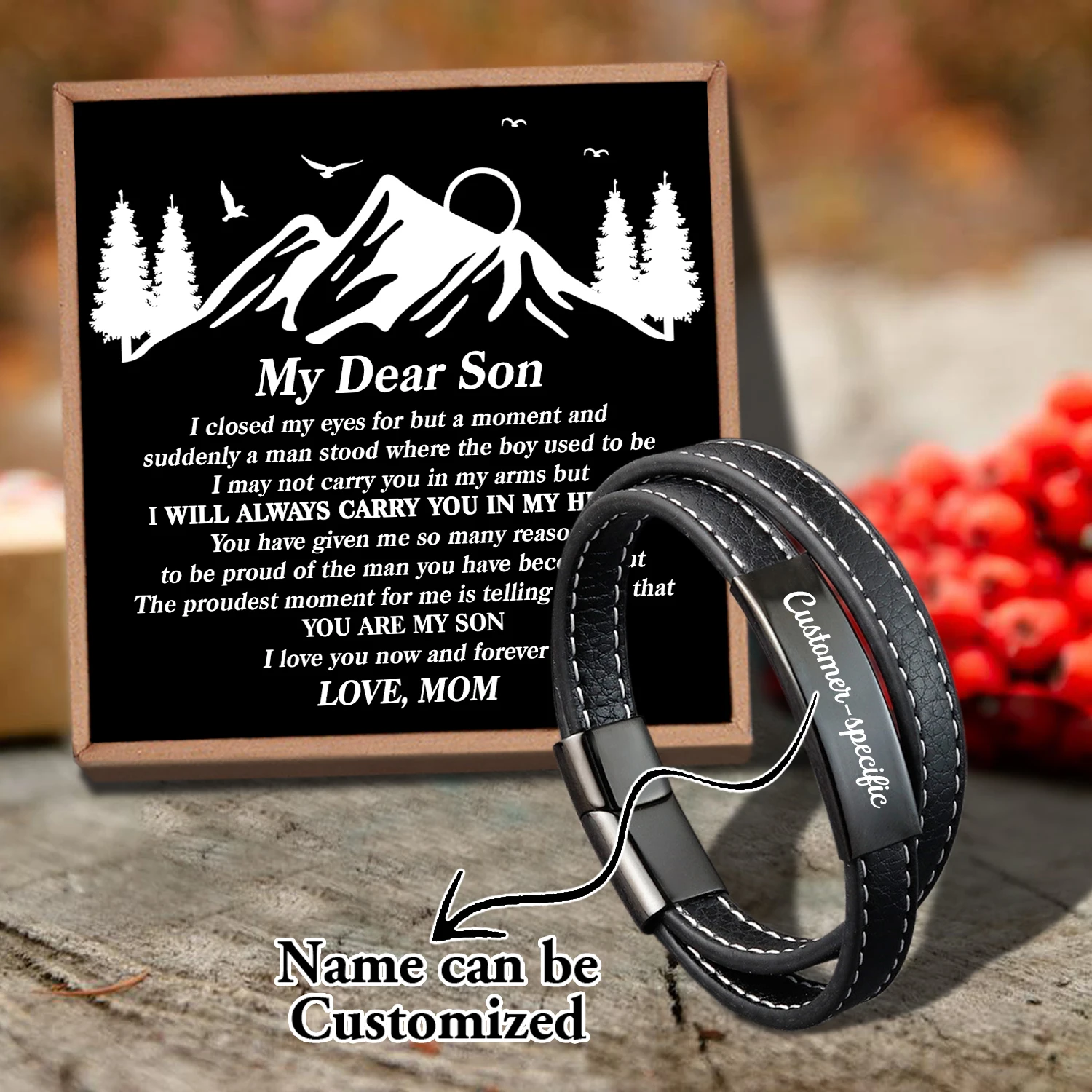 

Sam3049 Mom To My Son Name Can Be Customized Woven Bracelet Card text Men's Fashion Magnet Clasp Multi-layer Leather Bracelet