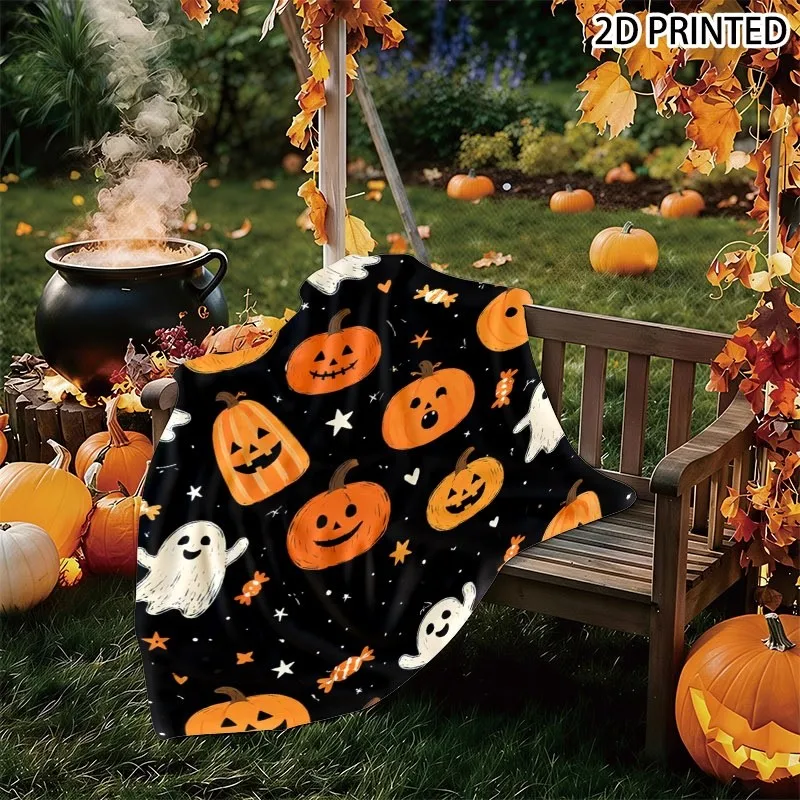 Playful Halloween Themed Throw Blanket with Carved Pumpkin, Cartoon, Striped Candy & Star Pattern, Multiple Specifications Avail