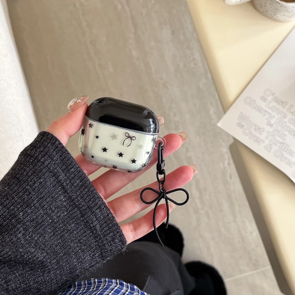 Ins أسود أخضر اللون الاصطدام التدريجي نجوم Bowknot الحبل سماعة غطاء الحال بالنسبة AirPods 1 أو 2 3 4 Pro2 Pro3