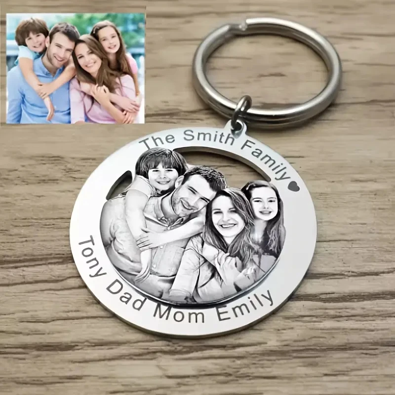 سلسلة مفاتيح على شكل قلب من الفولاذ المقاوم للصدأ مخصصة للنساء صورة مخصصة وحلقة مفاتيح اسم محفورة، عائلة، ذكرى المشاعر للأزواج #4