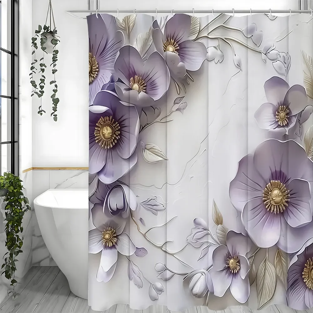 

3D Purple Flower Marble Shower Curtain, Elegant Floral Art Print, Waterproof Polyester Bathroom Curtain with Hooks