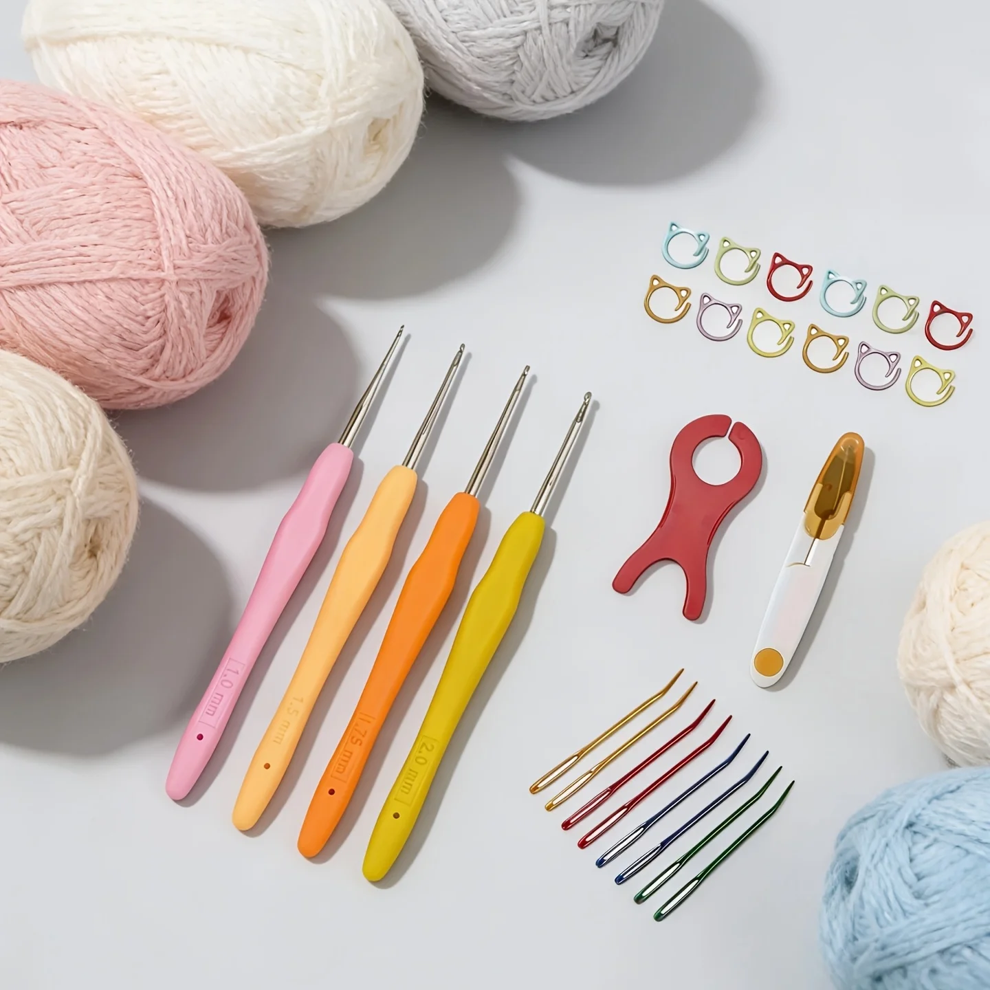 26-teiliges Ergonomisches Häkelnadel-Set mit Katzen-Maschenmarkierern, Weichgriff-Stricknadeln, Gebogene Tapisserie-Nadeln, DIY-Nähset
