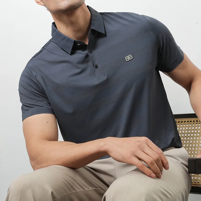 

Male 2025 new summer ice silk breathable slim fit business casual versatile collar cool polo shirt solid color short sleeved top