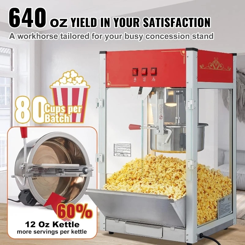 Commercial Popcorn Machine,12 Oz Kettle,1440 W Countertop Popcorn Maker for 80 Cups Per Batch,Theater Style Popper 3-Switch