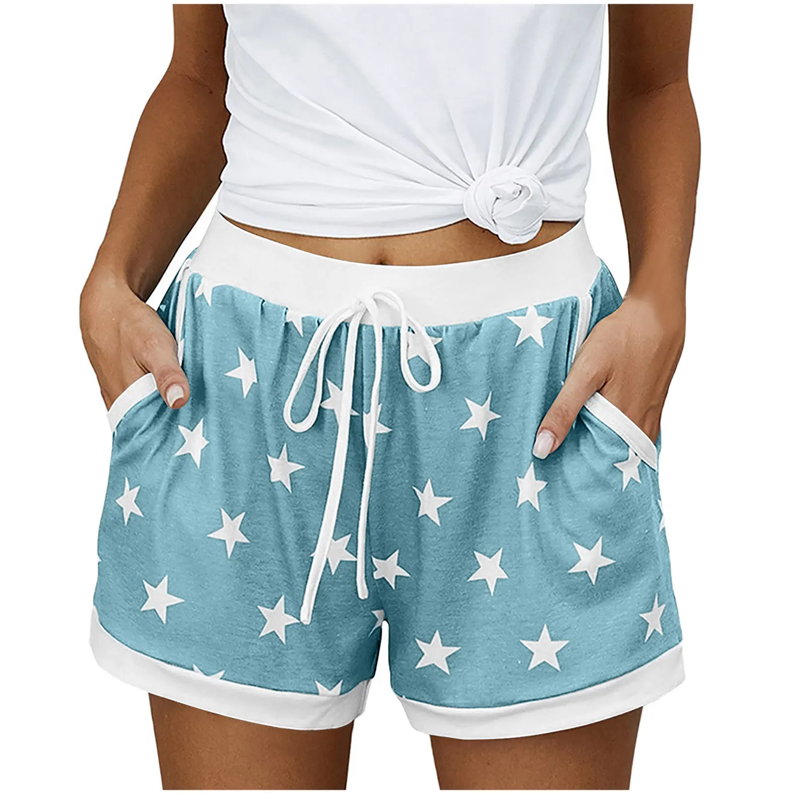 2025 Women's Fashion Patchwork Shorts Star Print Drawstring Elastic Waist Short Pants Summer Fashion Casual Shorts