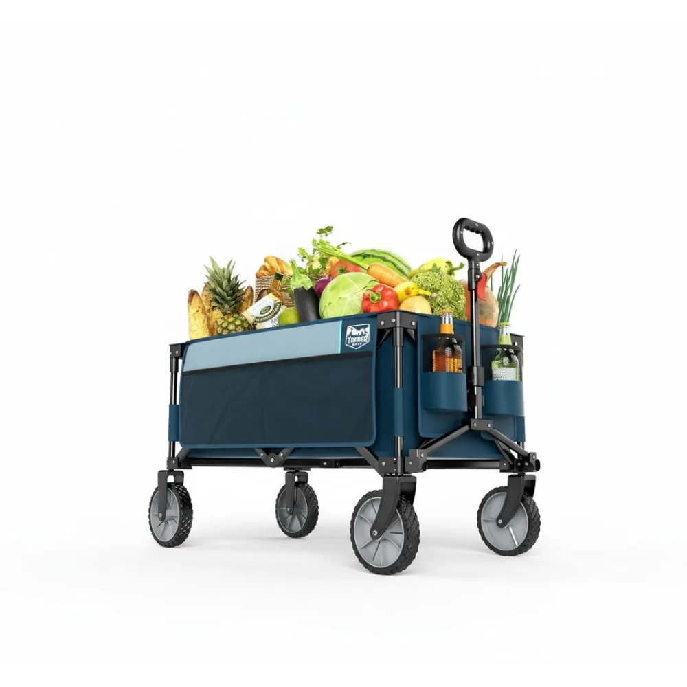 

Heavy Duty Folding Wagon Cart with Side Bag & Cup Holder - Large Capacity Outdoor Camping Garden Utility Cart