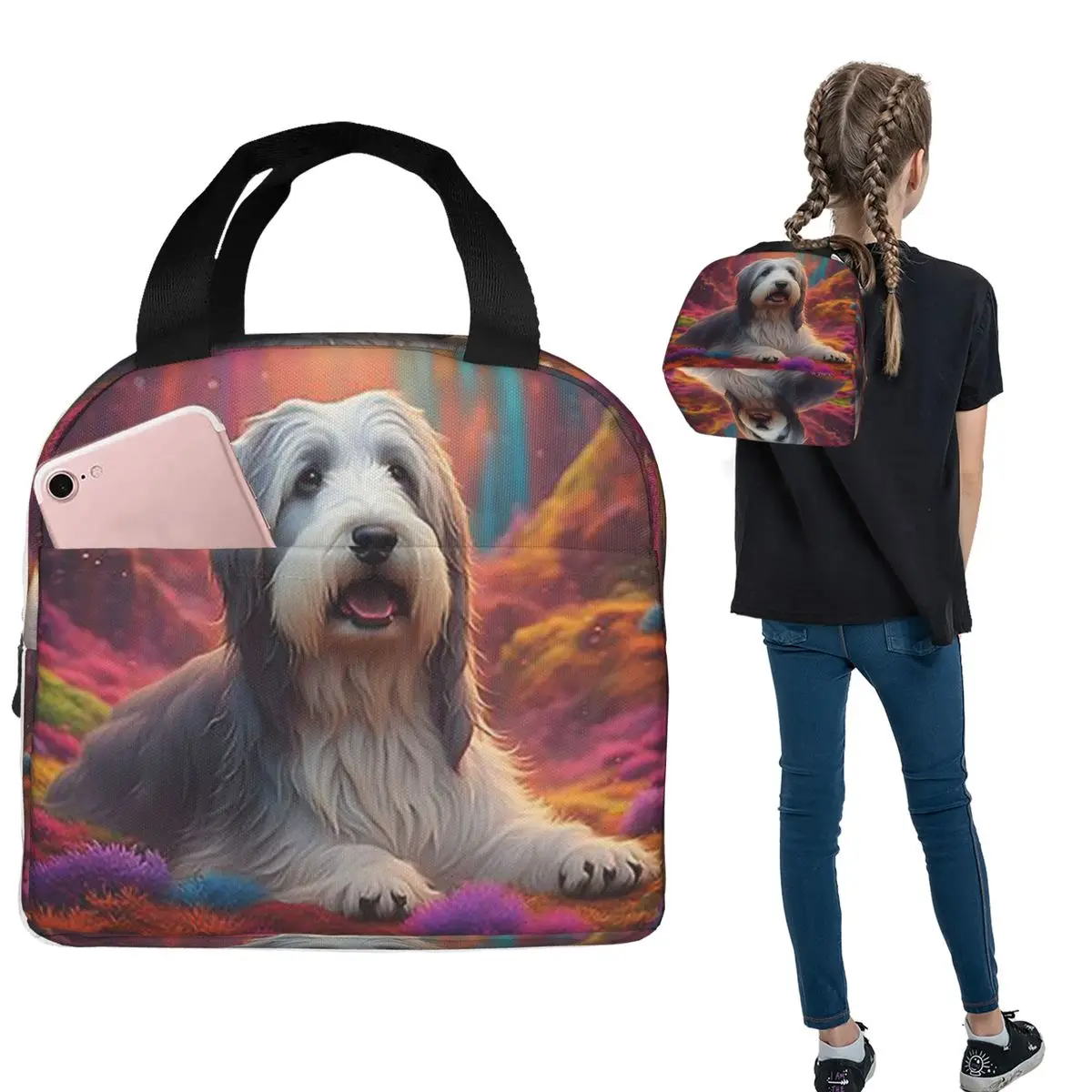 Bearded Collie Dog In Colorful Nature Insulated Lunch Bag for Women Children Leakproof Food Boxes Thermal Lunch Box Tote