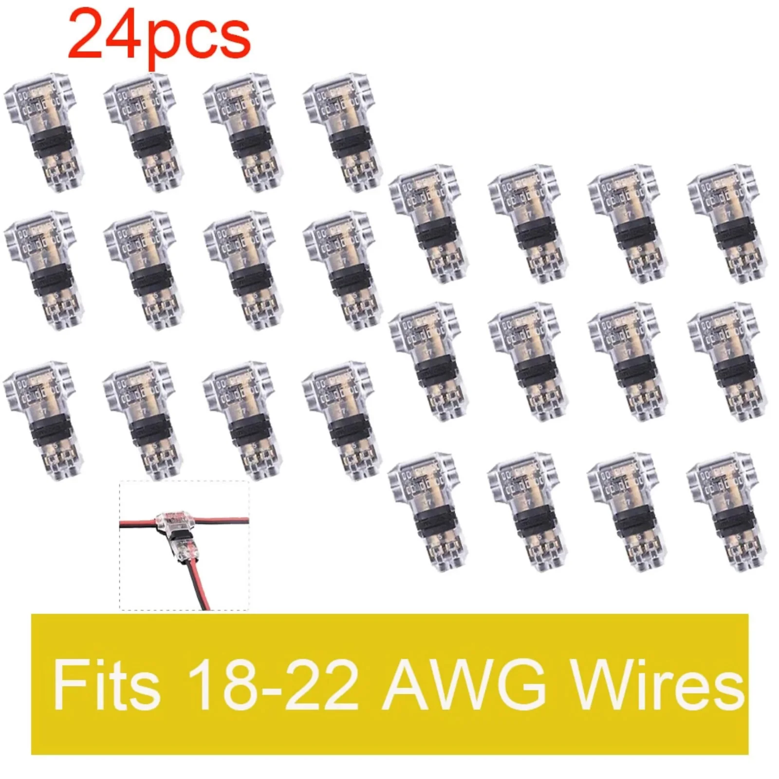 24Pcs 3 Way Wire Connectors Compact Transparent, T Tap Splice for LED Strip Car Audio Speaker, 22-18 AWG