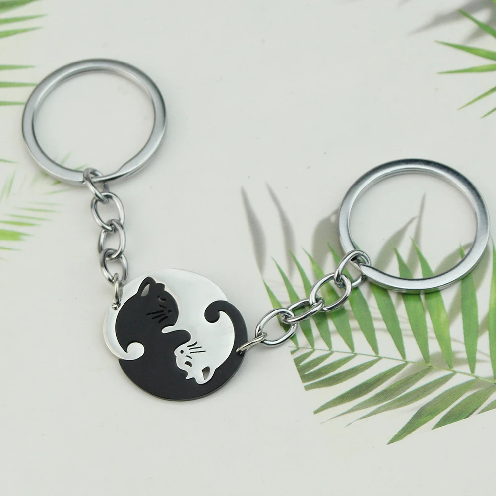1 Pair Creativity Cute Stainless Steel Cartoon Cat Keychain Couple Animal Matching Key Ring Pendants Valentine Friendship Gift - view 5