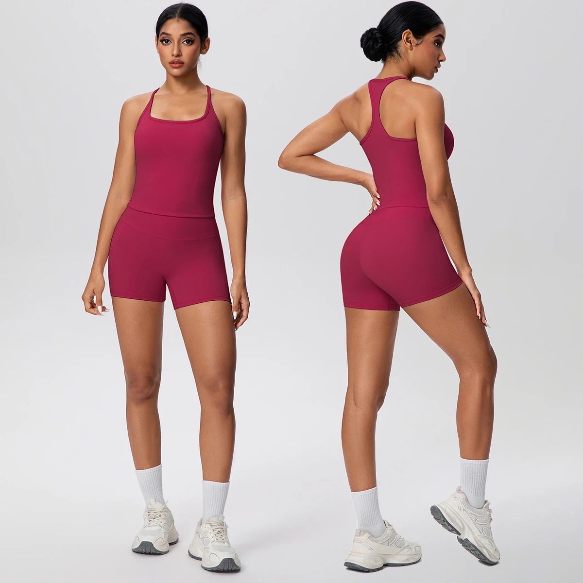 

2 шт./компл., однотонный женский комплект для тренажерного зала и йоги, высокопрочный тренировочный, красивая спина, I-образный жилет, энергетические эластичные шорты для фитнеса, комплект