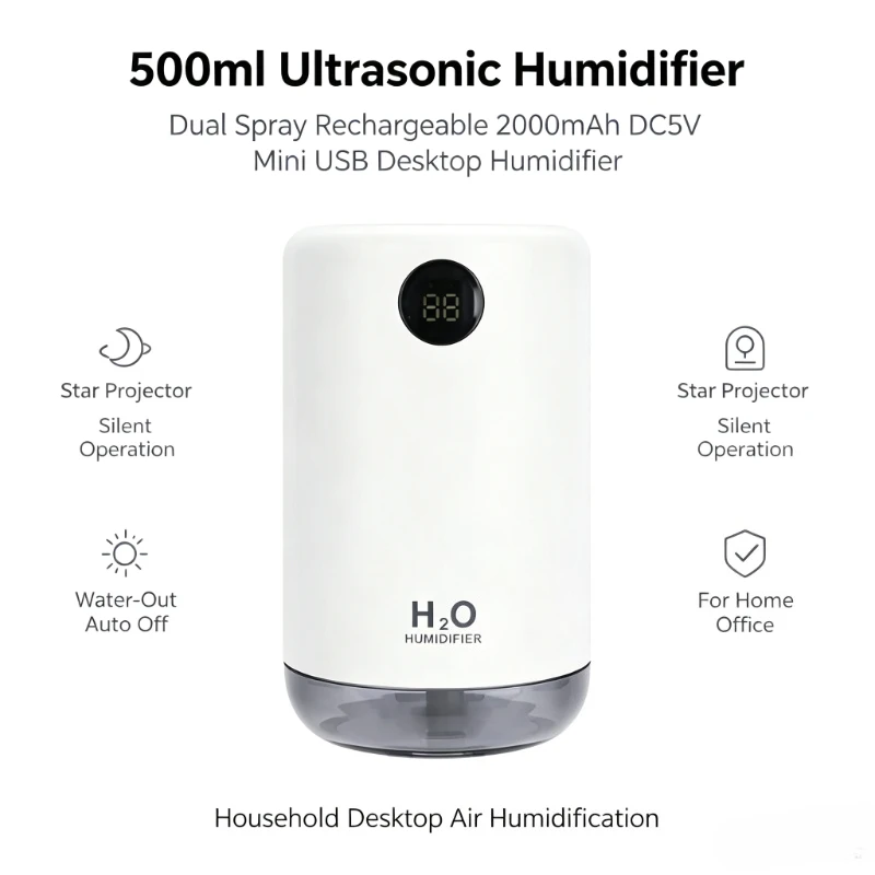 500ml Rechargeable Ultrasonic Humidifier Dual Spray Star Projector 2000mAh Mini USB Desktop Humidifier For Household Home