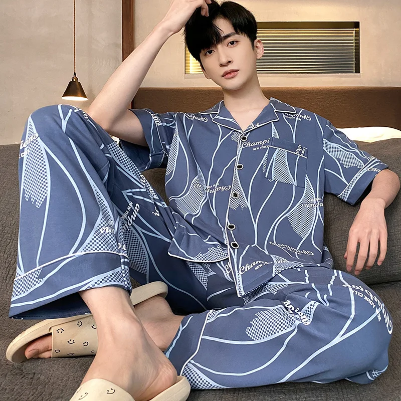 New Cotton Pijama for Men 2 Pieces Lounge Sleepwear Pyjamas Print Summer Bedgown Home Clothes Man PJs Pure Cotton Pajamas Set