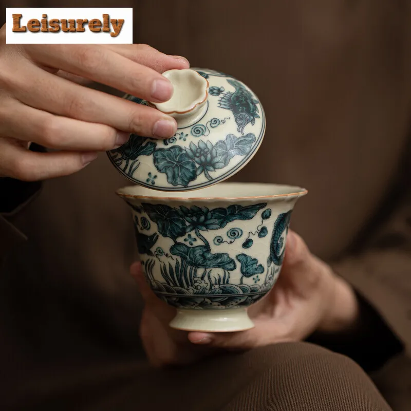 150ml Handamde Ru Kiln Porcelain Gaiwan Japanese Fish and Algae Pattern Tea Tureen Tea Maker Cover Bowl Teaset Cafes Collection