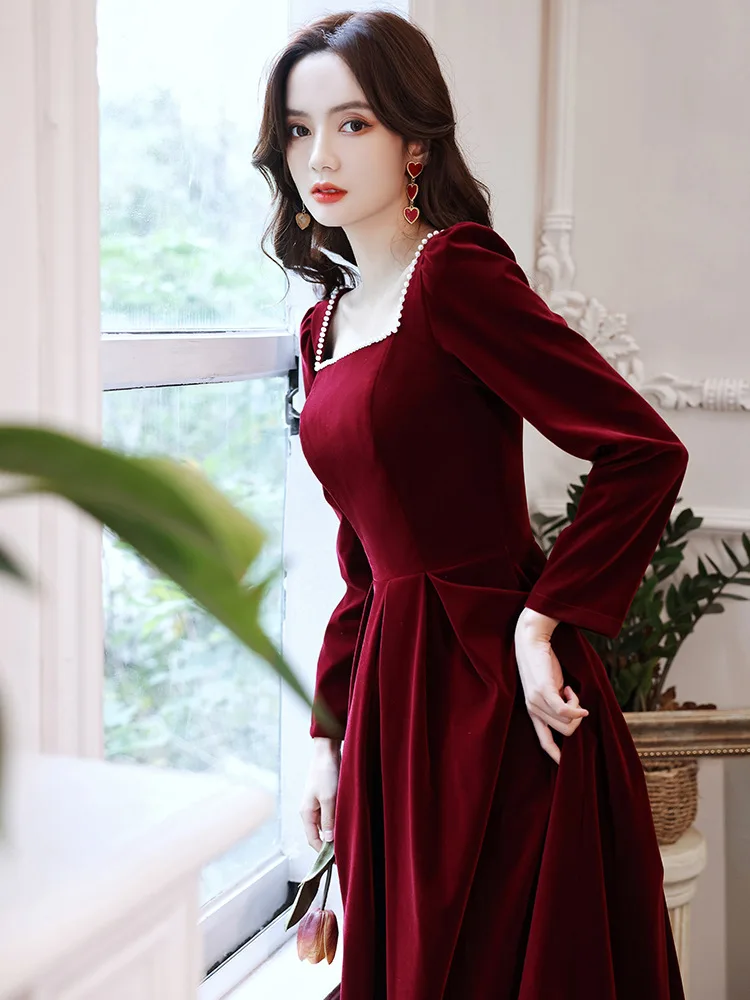 2022 New Chiense Prom Dress Burgundy Cheongsam Velvet Dresses Sexy Gown Princess Evening Party Velour Qipao Pleated Vestidos