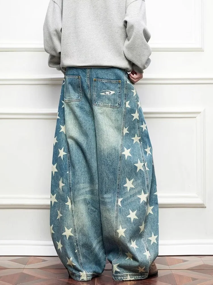 2026 American Retro Y2K Style Star Printed Washed Blue Baggy Jeans Pants For Men Clothing Straight Denim Trousers Moda Hombre