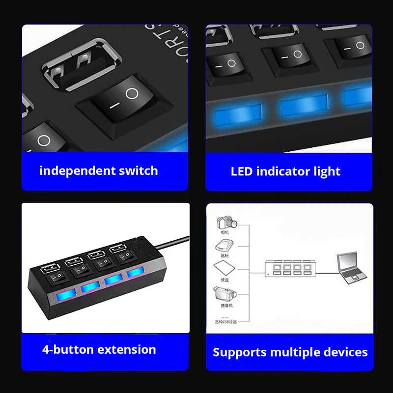 高速 4 ポート USB 2.0 マルチスプリッター USB ハブ 2.0 使用電源アダプター複数エキスパンダースイッチ 30 センチメートルケーブルハブドッキングステーション