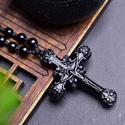 Black Natural Obsidian Cross Pendant Jesus Necklace Real Jewellery Fashion Carved Gemstone Charm Amulet Gifts for Women Men