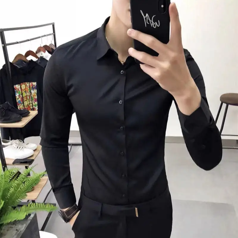 Korean Fashion Trend Casual Elastic Design Sense Short Sleeve Shirt Men\'s Solid Lapel Collar Button Breathable Simple Slim Tops