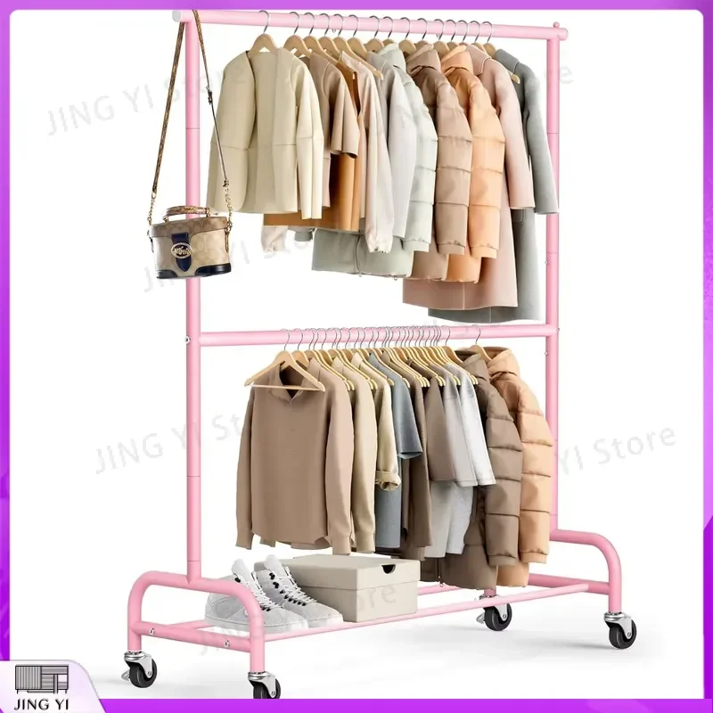 Floor to Ceiling Clothes Rack Double Layer Wheeled Garment Hanger with Storage Tube Bedroom Living Room Coat Stand Organizer