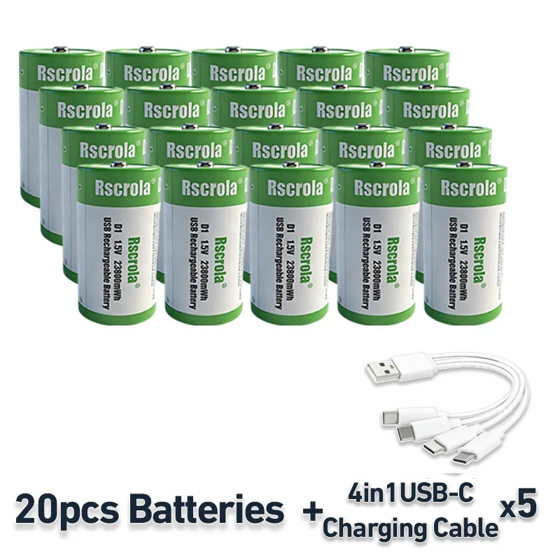 Hoge capaciteit 1.5V 23800mWh USB oplaadbare D-cel lithium batterij (LR20) voor gasfornuis, waterverwarmer, zaklamp, radio's