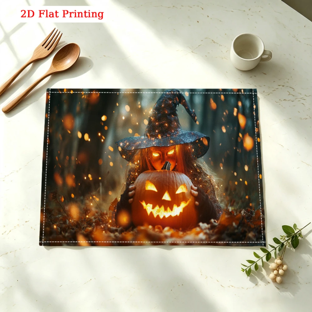 1Pc Halloween Witch Pumpkin Placemat Orange Black 2D Flat Printing Table Mat Kitchen Dining Decor Party Use 30X40Cm
