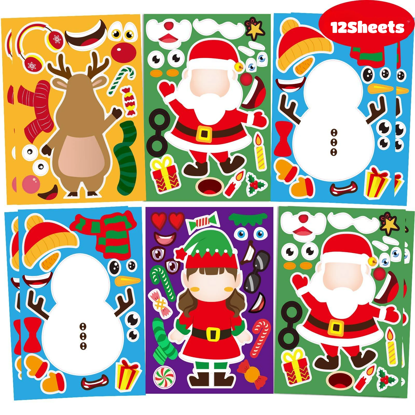 12 Sheets Children DIY Puzzle Sticker Toys Santa Christmas Tree Socks Face Assemble Stickers Boys Girls Christmas Gifts for Kids