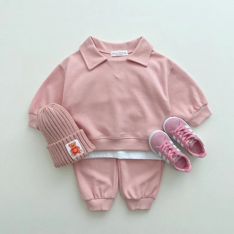 

New Children's Clothes Set Baby Kids Lapel Pure Cotton Macaron Color Sweatshirt Trousers Outfits Suit for Girls Boys Clothing