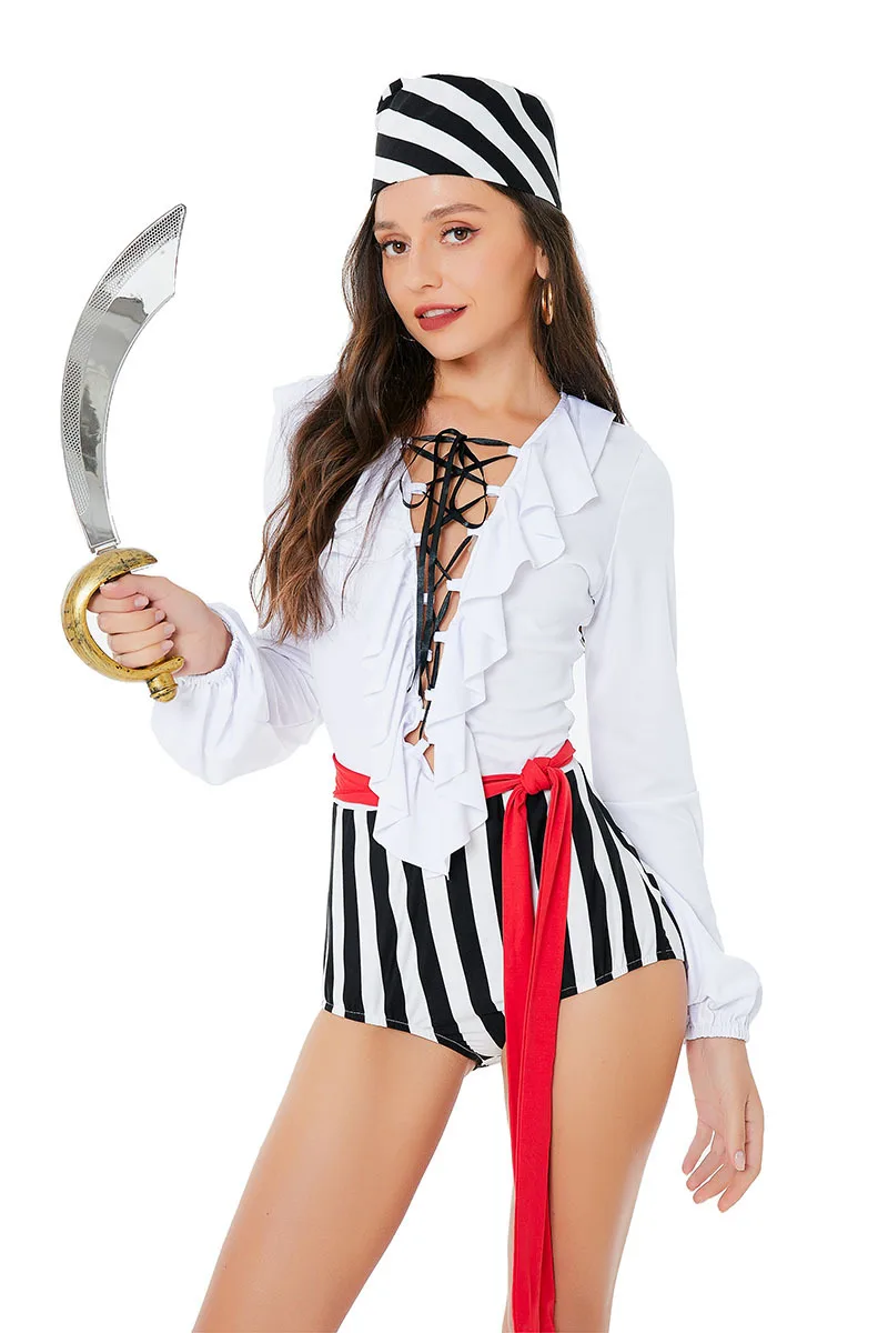 Neue Ankunft Pirate Lady Kostüm Outfit Modest Stil Overall mit Gürtel und Kopfschmuck Anzüge für Sexy Frauen