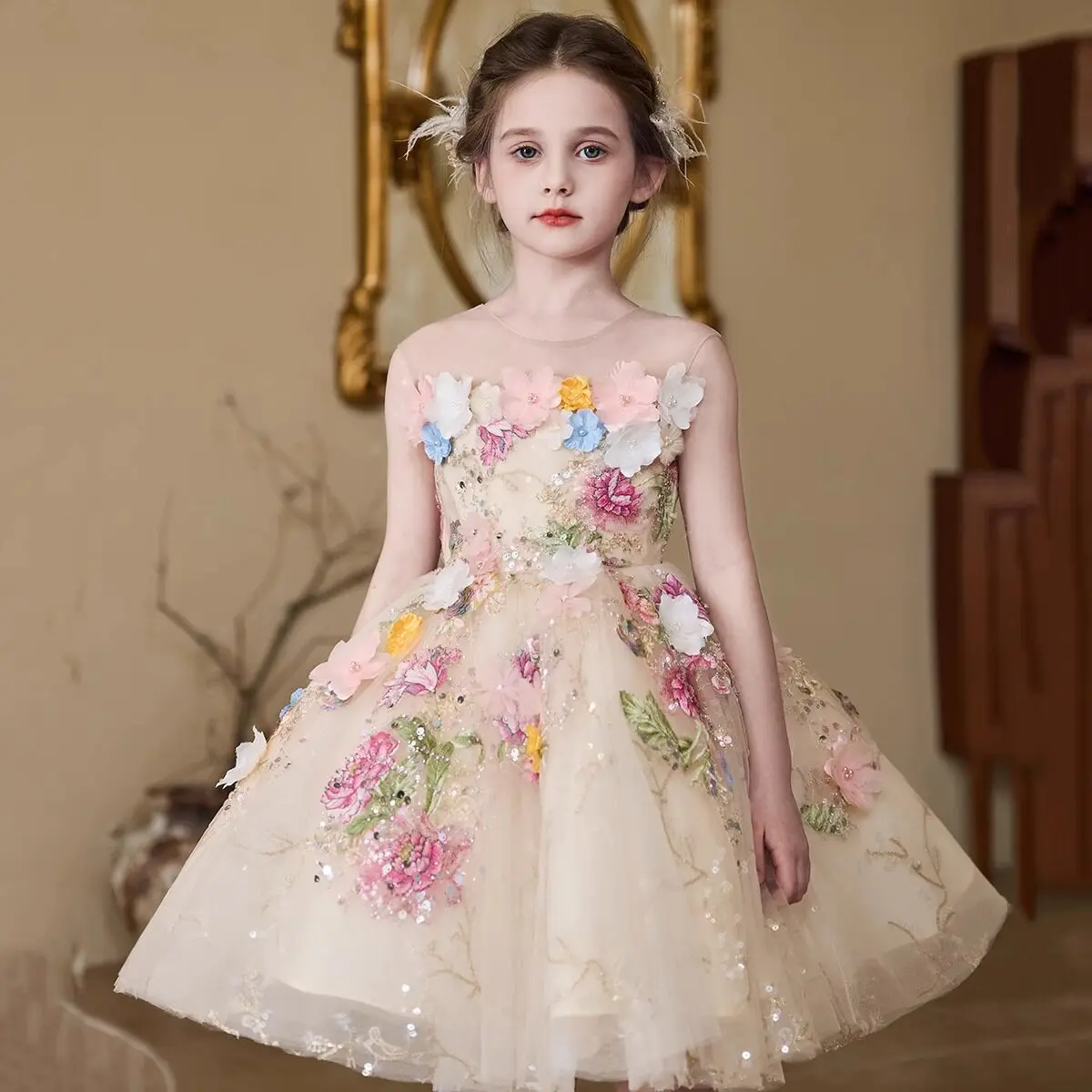 

Girls' High-End French Style Forest Series Flower Little Host Walk Show Piano Performance Birthday Flower Party Princes Dress