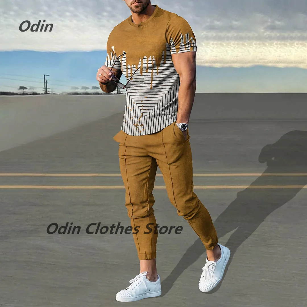 New Men Fashion Sportswear Set Men\'s Streetwear Short Sleeve T Shirt+Long Pants 2 Piece Trousers Tracksuit For Male Clothing